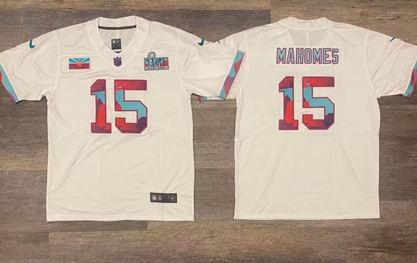 Men’s Kansas City Chiefs #15 Patrick Mahomes White Super Bowl LVII Patch Vapor Untouchable Limited Stitched Jersey