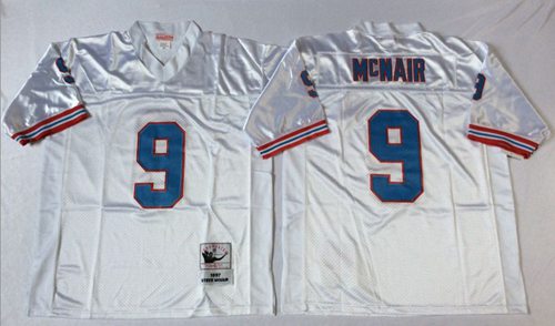 Men's Mitchell And Ness Oilers/ Tennessee Titans #9 Steve McNair White Throwback Stitched
