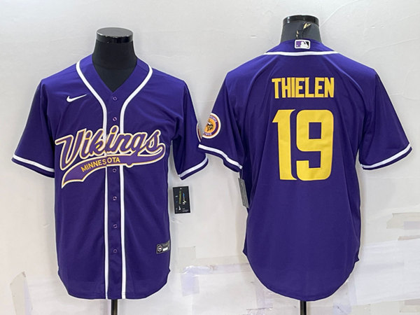 Men's Minnesota Vikings #19 Adam Thielen Purple Gold With Patch Cool Base Stitched Baseball Jersey