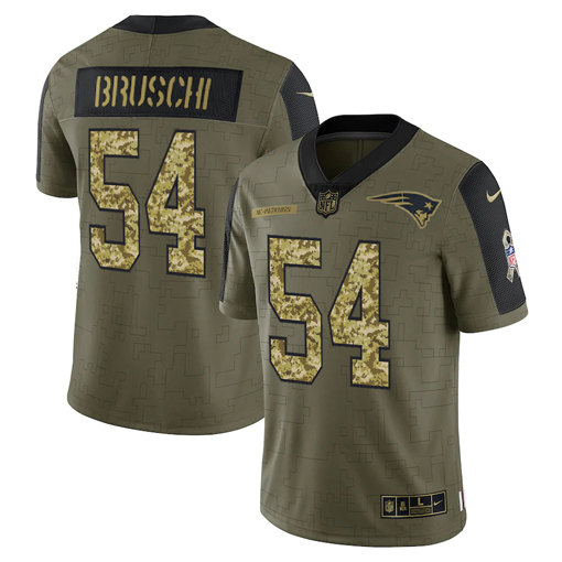Men's New England Patriots #54 Tedy Bruschi 2021 Olive Camo Salute To Service Limited Stitched Jersey