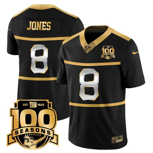 Men's New York Giants #8 Daniel Jones Black Gold 100TH Season Commemorative Patch Limited Football Stitched Jersey