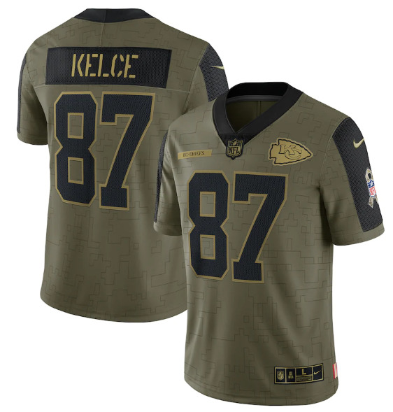 Men's Kansas City Chiefs #87 Travis Kelce 2021 Olive Salute To Service Limited Stitched Jersey