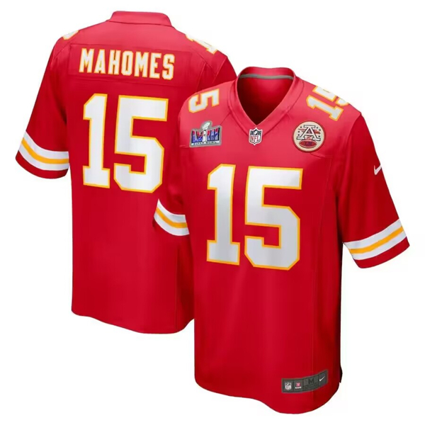 Men’s Kansas City Chiefs #15 Patrick Mahomes Red Super Bowl LVIII Patch Limited Football Stitched Game Jersey