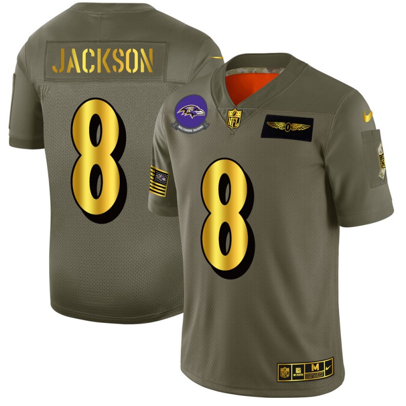 Men's Baltimore Ravens #8 Lamar Jackson 2019 Olive/Gold Salute To Service Limited Stitched NFL Jersey