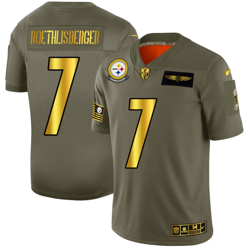 Men's Pittsburgh Steelers # 7 Ben Roethlisberger Olive/Gold 2019 Salute to Service Limited Stitched NFL Jersey