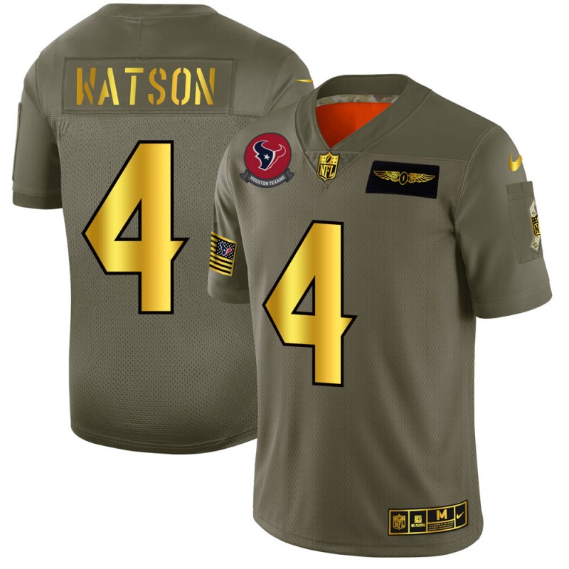 Men's Houston Texans #4 Deshaun Watson Olive/Gold 2019 Salute to Service Limited Stitched NFL Jersey.