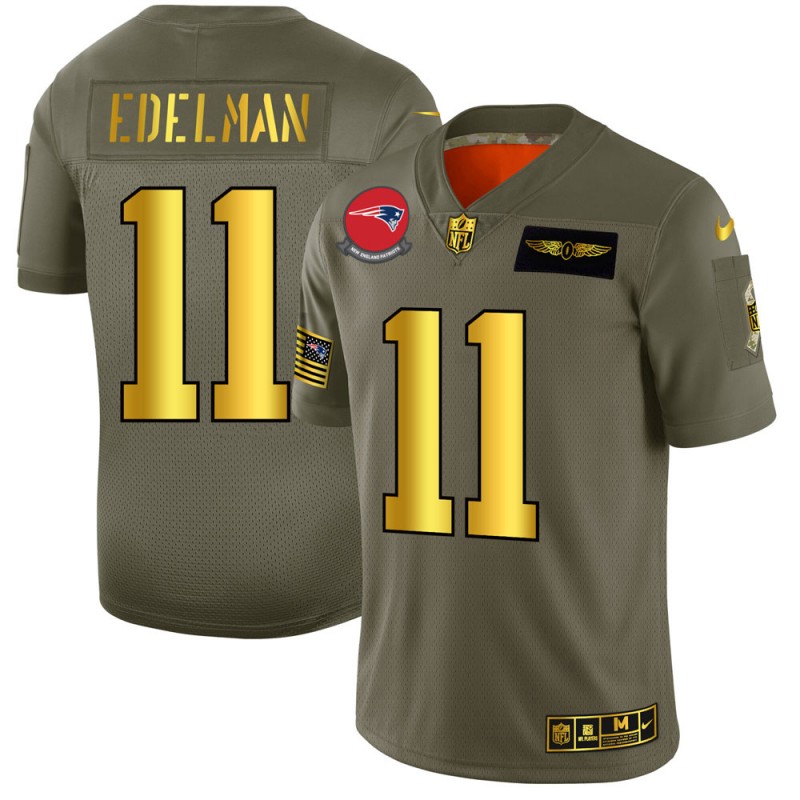Men's New England Patriots #11 Julian Edelman Olive/Gold 2019 Salute to Service Limited Stitched NFL Jersey.