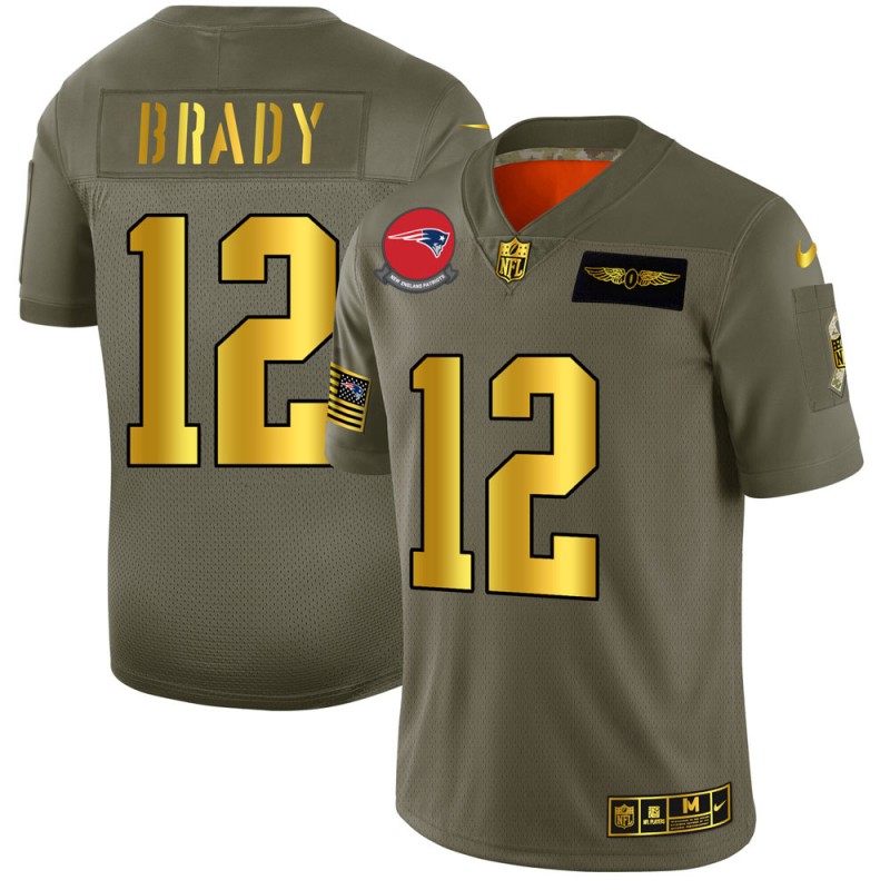 Men's New England Patriots #12 Tom Brady Olive/Gold 2019 Salute to Service Limited Stitched NFL Jersey.