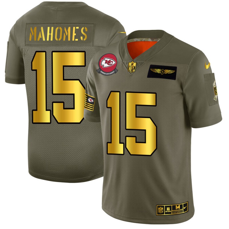 Men's Kansas City Chiefs #15 Patrick Mahomes 2019 Olive/Gold Salute To Service Limited Stitched NFL Jersey