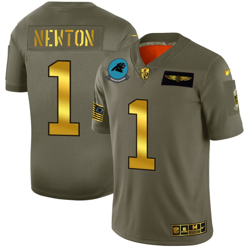 Men's Carolina Panthers #1 Cam Newton Olive/Gold 2019 Salute to Service Limited Stitched NFL Jersey