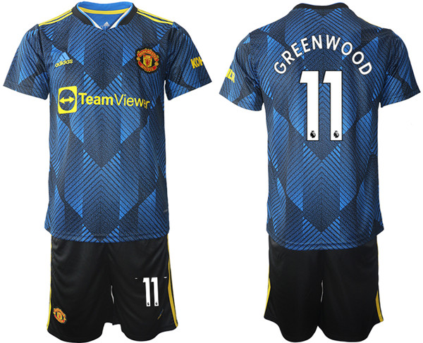 Men's Manchester United #11 Mason Greenwood Blue Away Soccer Jersey with Shorts