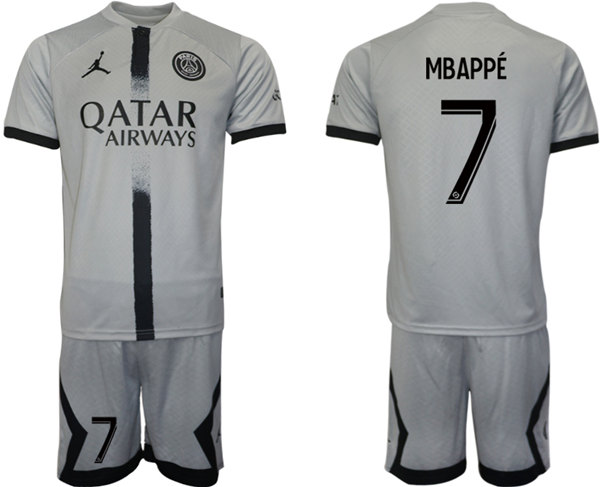 Men's Paris Saint-Germain #7 Mbappé 2023 Gray Soccer Jersey with Shorts