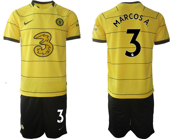 Men's Chelsea #3 Marcos Alonso 2021/22 Yellow Away Soccer Jersey with Shorts