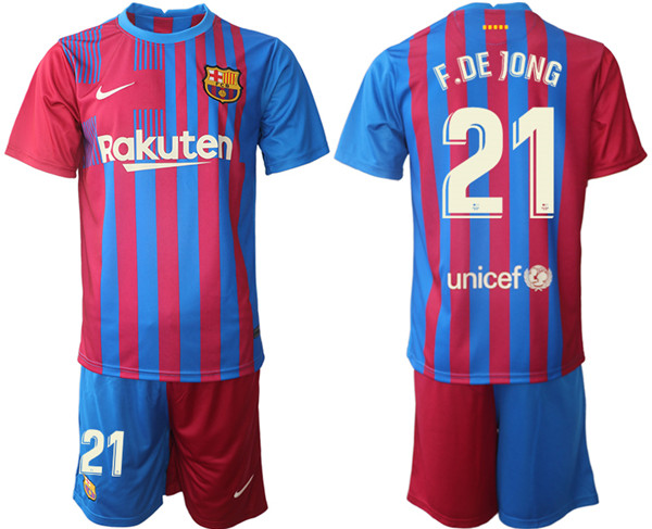 Men's Barcelona #21 Frenkie de Jong 2021/22 Red Blue Home Soccer Jersey with Shorts