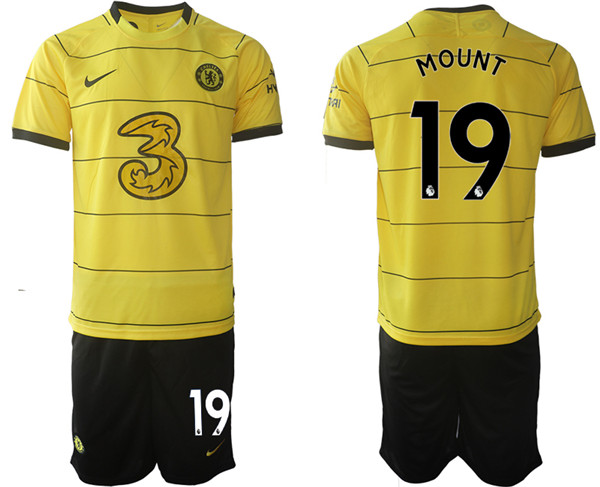 Men's Chelsea #19 Mason Mount 2021/22 Yellow Away Soccer Jersey with Shorts