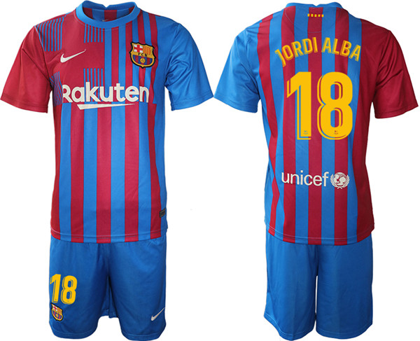 Men's Barcelona #18 Jordi Alba 2021/22 Home Soccer Jersey with Shorts