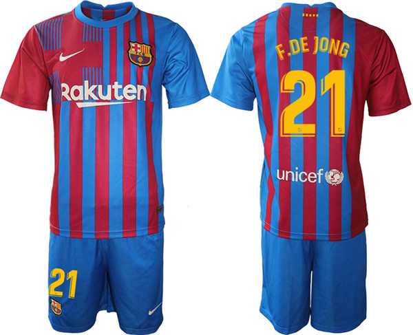 Men's Barcelona #21 Frenkie de Jong 2021/22 Red Home Soccer Jersey with Shorts