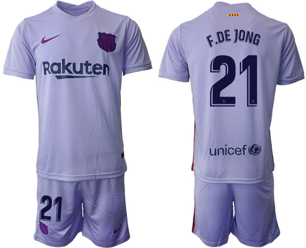 Men's Barcelona #21 Frenkie de Jong 2021/22 Grey Away Soccer Jersey with Shorts