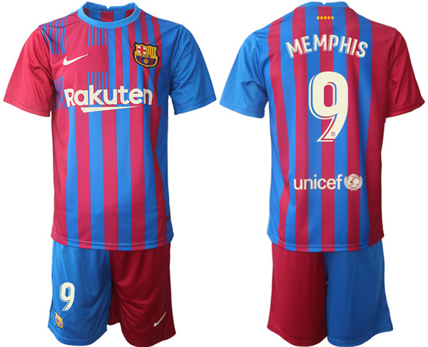 Men's Barcelona #9 Memphis 2021/22 Home Soccer Jersey with Shorts