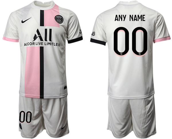 Men's Paris Saint-Germain Custom White/Pink Soccer Away Jersey with Shorts