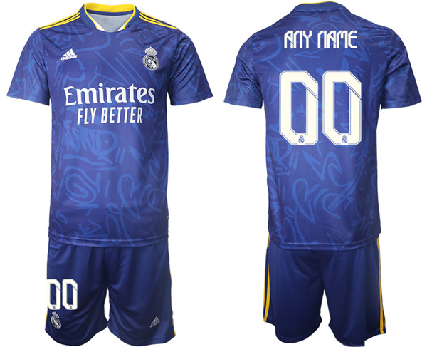 Men's Real Madrid Custom 2021/22 Blue Away Soccer Jersey with Shorts