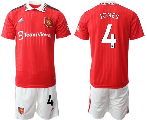 Men's Manchester United #4 Jones 22/23 Red Home Soccer Jersey Suit