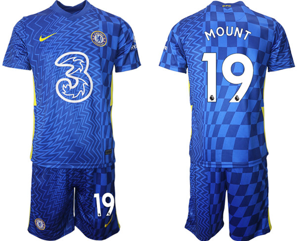Men's Chelsea #19 Mason Mount 2021/22 Blue Home Soccer Jersey with Shorts
