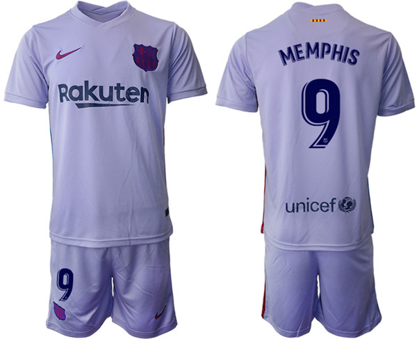 Men's Barcelona #9 Memphis Grey Away Soccer Jersey with Shorts