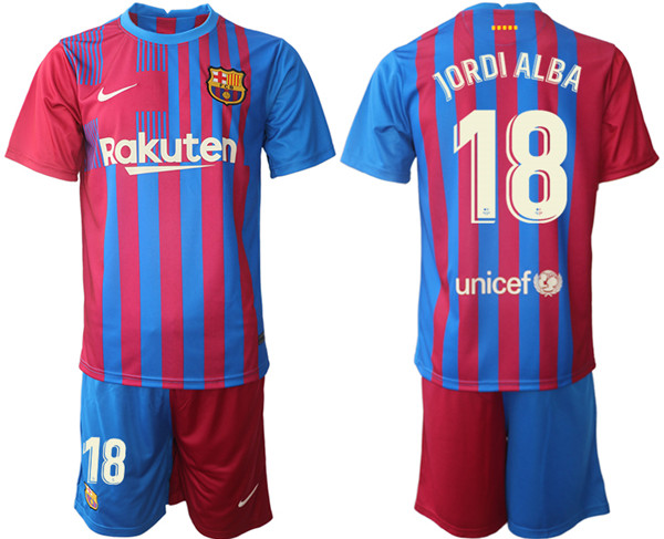Men's Barcelona #18 Jordi Alba 2021/22 Red Blue Home Soccer Jersey with Shorts