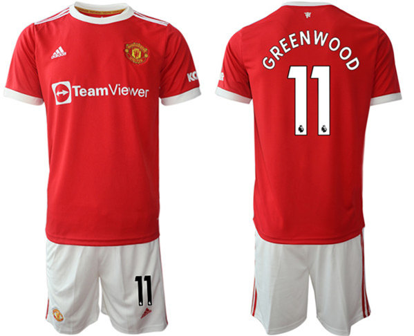 Men's Manchester United #11 Mason Greenwood Red Home Soccer Jersey with Shorts