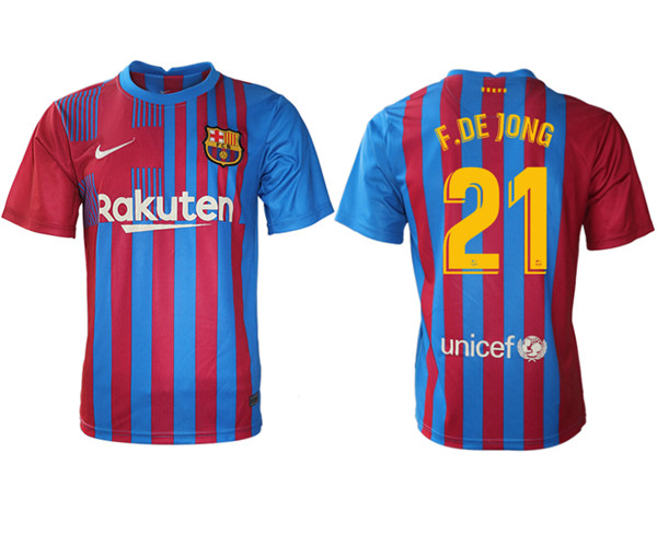 Men's Barcelona #21 Frenkie de Jong 2021/22 Red Blue Home Soccer Jersey