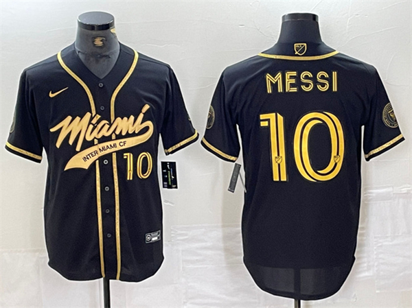 Men's Inter Miami CF #10 Lionel Messi Black Gold Cool Base Stitched Jersey