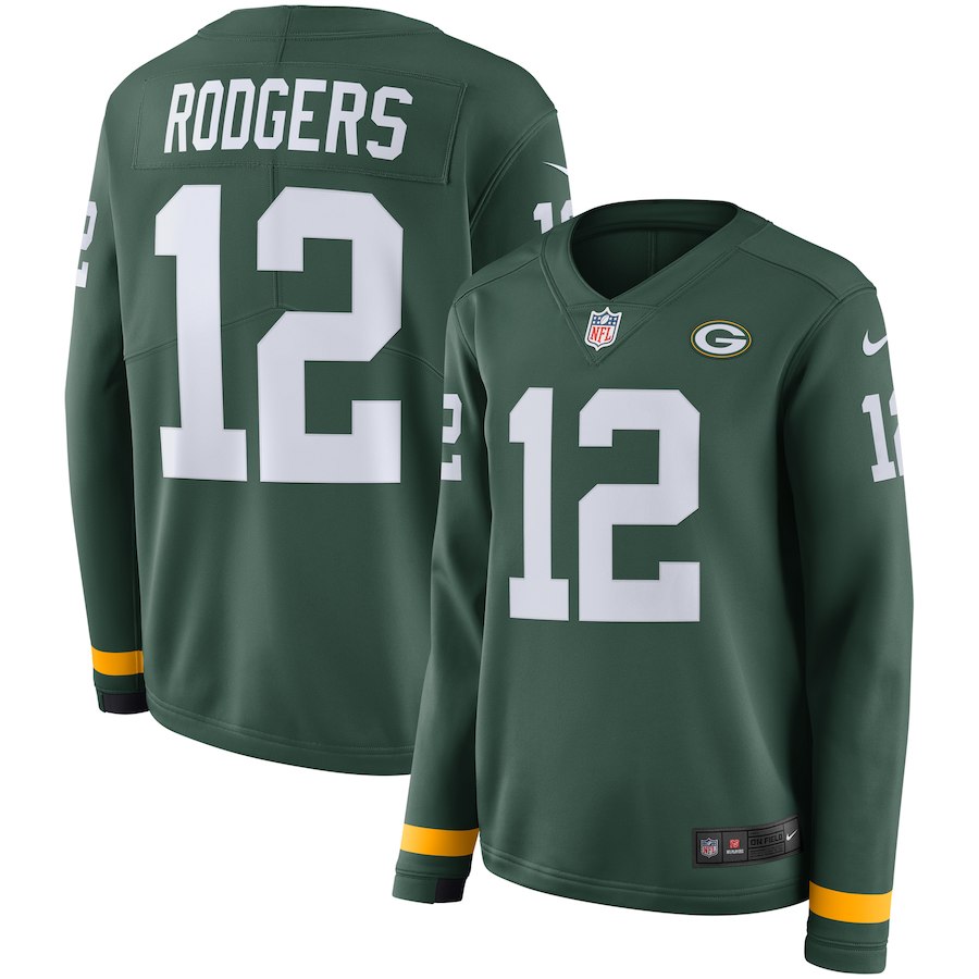 Women's NFL Green Bay Packers #12 Aaron Rodgers Green Therma Long Sleeve Stitched NFL Jersey