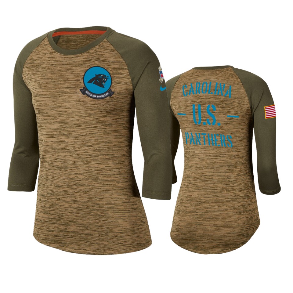 Women's Carolina Panthers Khaki 2019 Salute To Service Legend Scoopneck Raglan 3/4 Sleeve T-Shirt(Run Small)