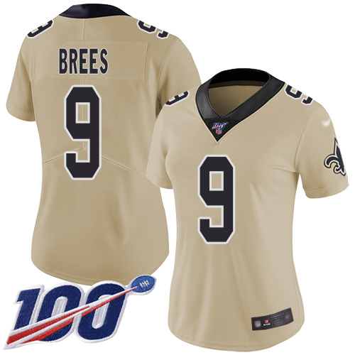 Women's New Orleans Saints #9 Drew Brees 2019 100th Season Gold Inverted Legend Stitched NFL Jersey(Run Small)