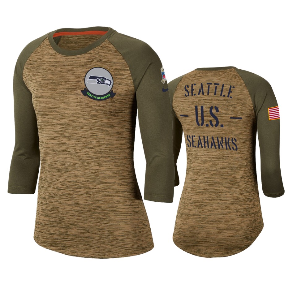 Women's Seattle Seahawks Khaki 2019 Salute To Service Legend Scoopneck Raglan 3/4 Sleeve T-Shirt(Run Small)