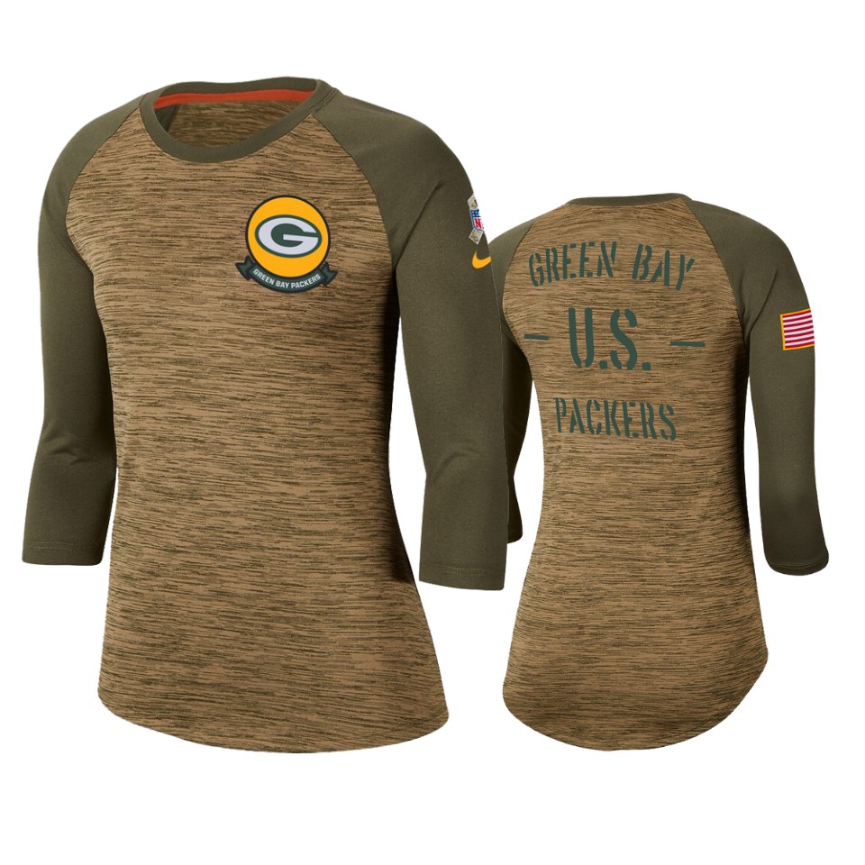 Women's Green Bay Packers Khaki 2019 Salute To Service Legend Scoopneck Raglan 3/4 Sleeve T-Shirt(Run Small)