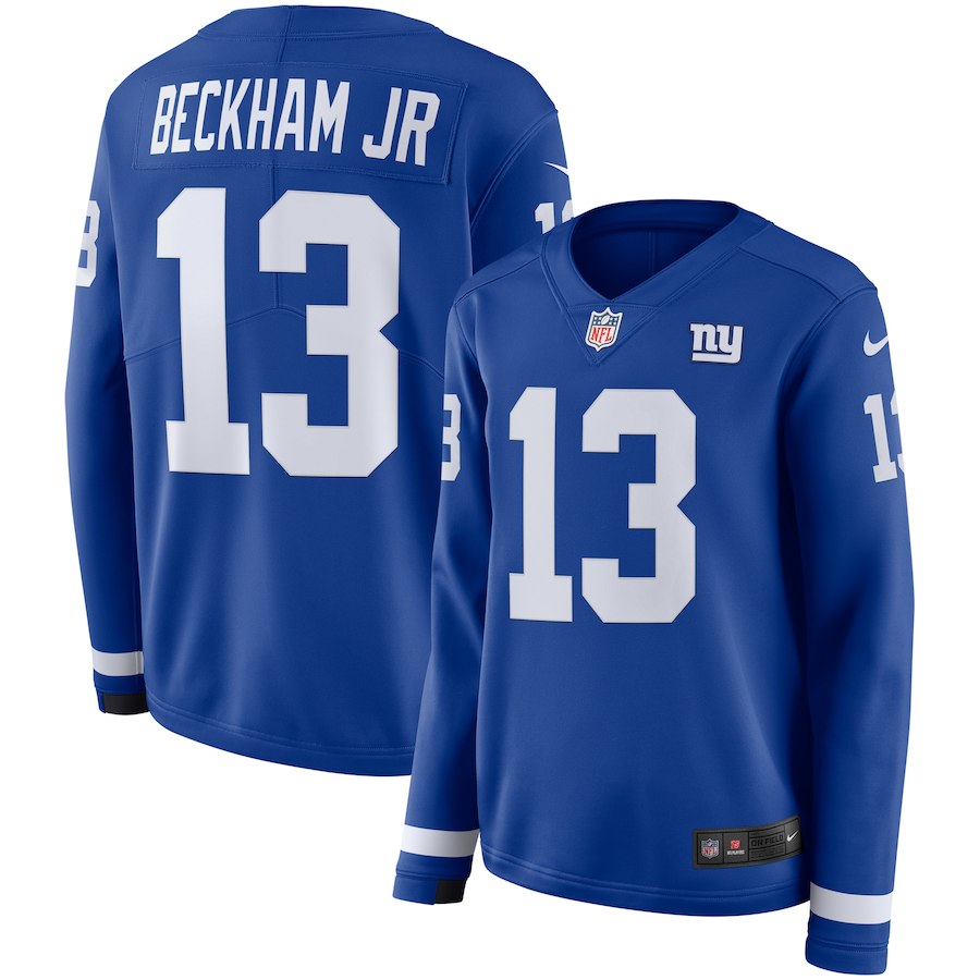 Women's New York Giants # 13 Odell Beckham Jr .Royal Therma Long Sleeve Stitched NFL Jersey