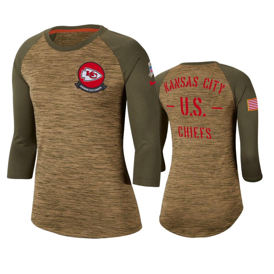 Women's Kansas City Chiefs Khaki 2019 Salute To Service Legend Scoopneck Raglan 3/4 Sleeve T-Shirt(Run Small)