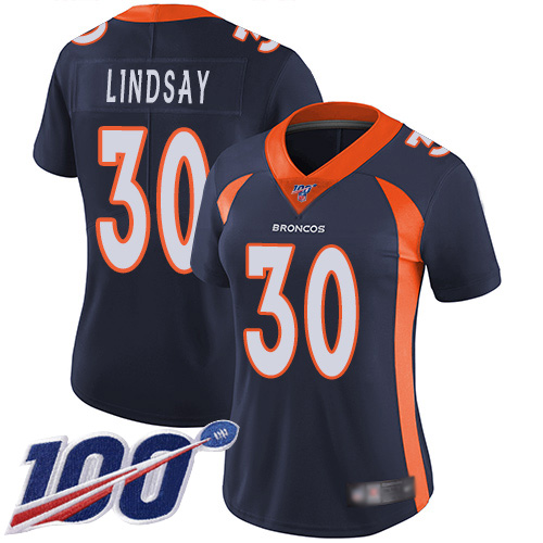 Women's Denver Broncos #30 Phillip Lindsay 2019 Navy 100th Season Vapor Untouchable Limited NFL Stitched NFL Jersey(Run Small)