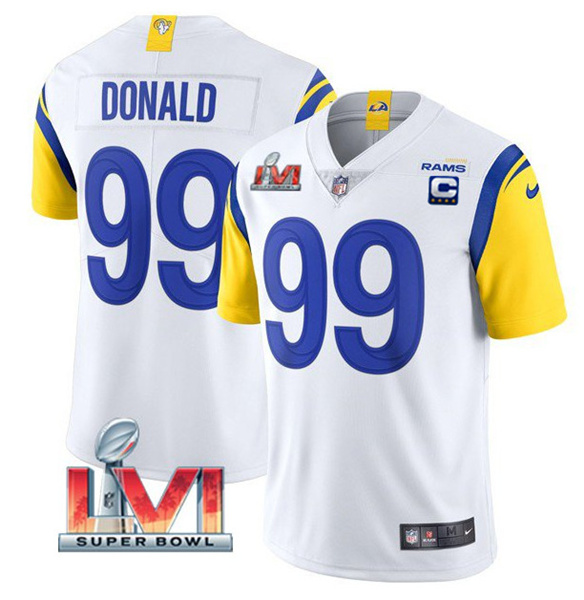 Women's Los Angeles Rams #99 Aaron Donald White 2022 With C Patch Super Bowl LVI Vapor Limited Jersey(Run Small)