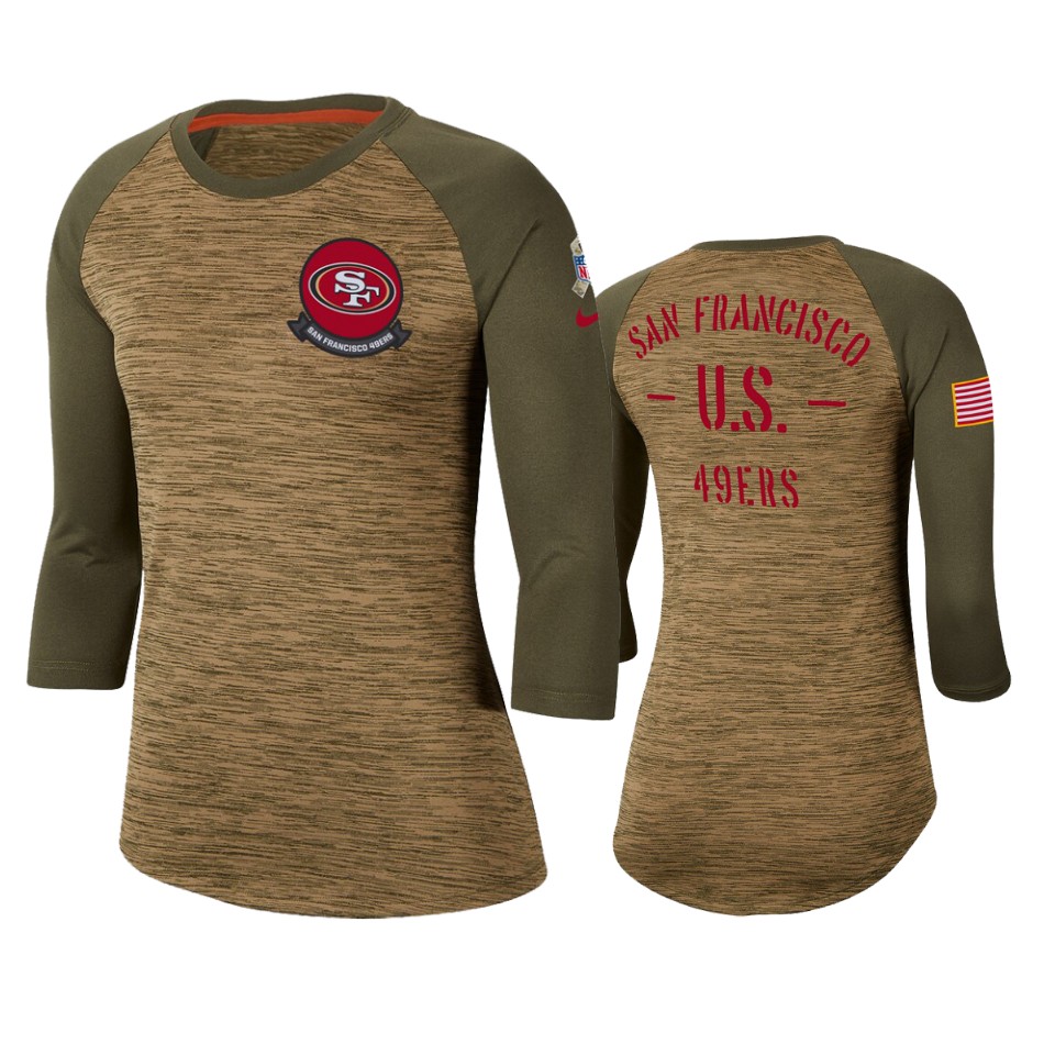Women's San Francisco 49ers Khaki 2019 Salute To Service Legend Scoopneck Raglan 3/4 Sleeve T-Shirt(Run Small)