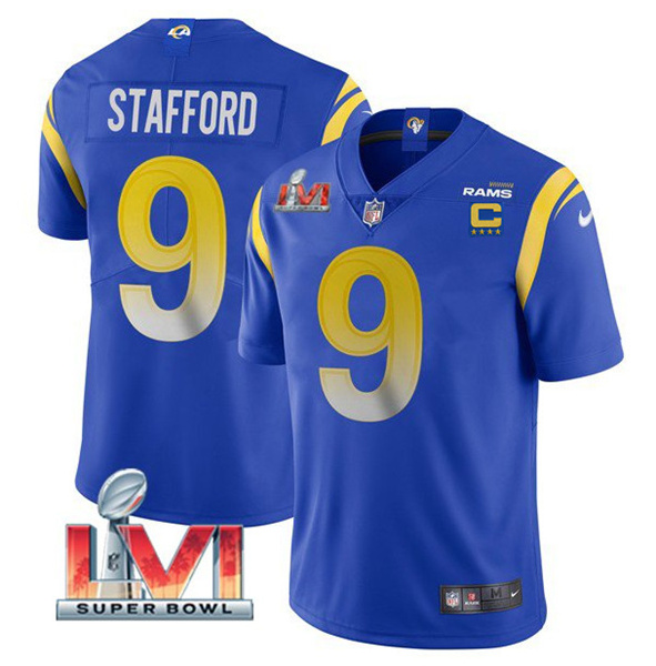 Women's Los Angeles Rams #9 Matthew Stafford 2022 Royal With C Patch Super Bowl LVI Vapor Limited Jersey(Run Small)
