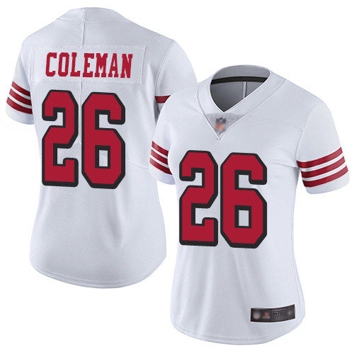 Women's San Francisco 49ers #26 Tevin Coleman White Vapor Untouchable Limited Stitched NFL Jersey