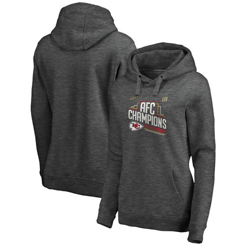 Women's Kansas City Chiefs Heather Charcoal 2019 AFC Champions Trophy Collection Locker Room Crossover V-Neck Pullover Hoodie(Run Small)