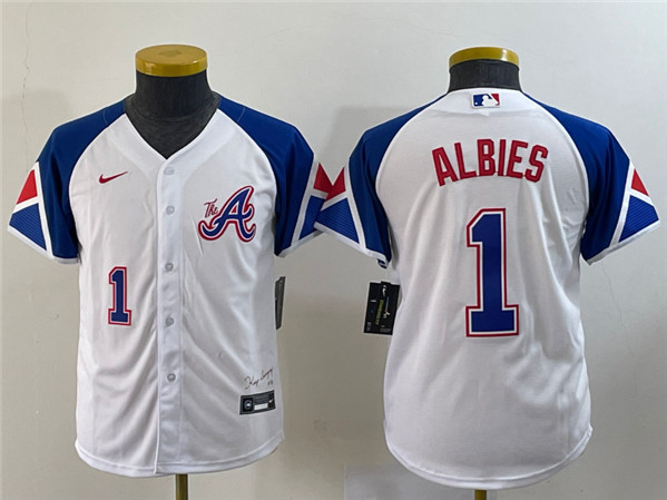 Women's Atlanta Braves #1 Ozzie Albies White 2023 City Connect With Patch Stitched Baseball Jersey(Run Small)