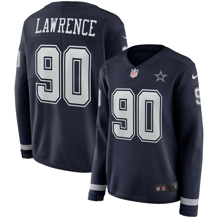 Women's Cowboys # 90 Demarcus Lawrence Navy Therma Long Sleeve Stitched NFL Jersey