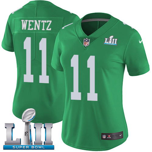 Women's Philadelphia Eagles #11 Carson Wentz Green Super Bowl LII Bound Patch Game Event Stitched NFL Jersey