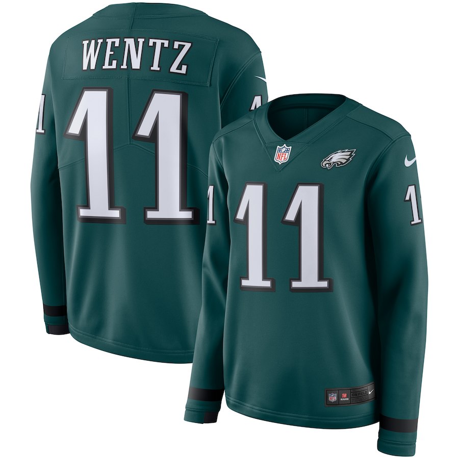 Women's Philadelphia Eagles #11 Carson Wentz Green Therma Long Sleeve Stitched NFL Jersey