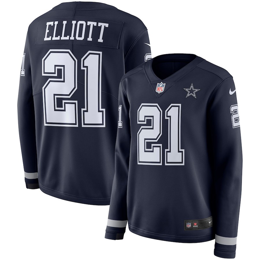 Women's Cowboys #21 Ezkiel Elliott Navy Therma Long Sleeve Stitched NFL Jersey